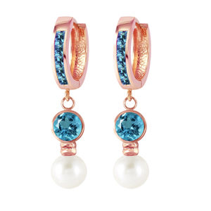 14K. GOLD HUGGIE EARRING WITH PEARLS & BLUE TOPAZ (Rose Gold)